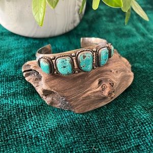 Turquoise Stone Silver Cuff Bracelet - Blue Turquoise
